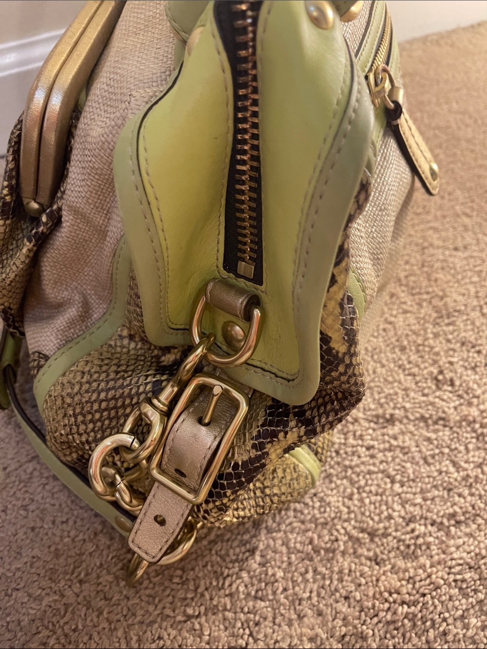 Coach Natalie bag Green Trim Python-Print Canvas Shoulder Bag gold accents - Picture 5 of 13